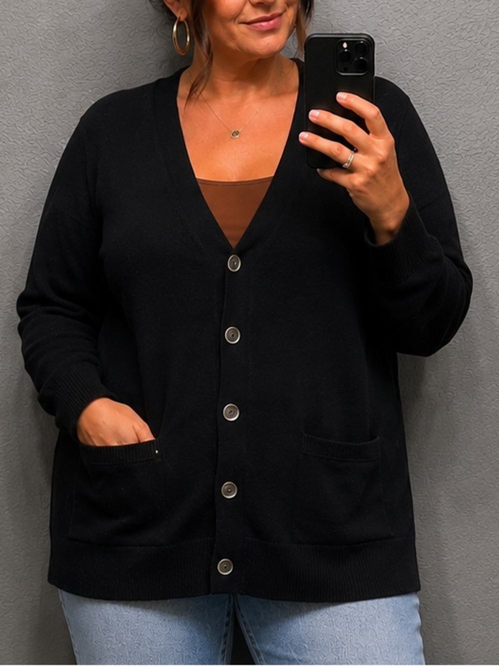 Lands’ End 100% Cashmere Black Button Front Cardigan Sweater Size L 14-16